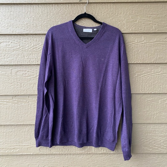 Calvin Klein 100% Italian Merino Wool V-Neck Sweater Long Sleeve Purple Men's XL